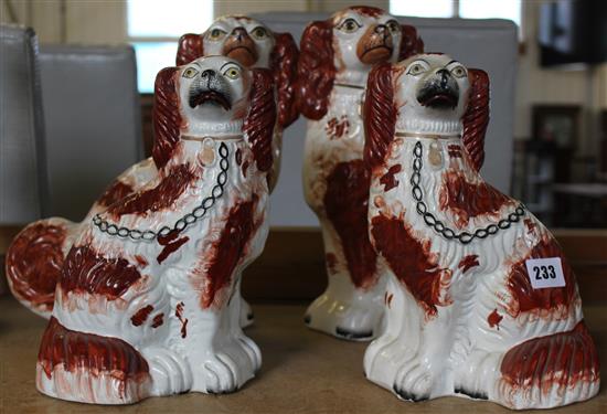 Pair of 19C Staffordshire large fireside spaniels & a similar smaller pair